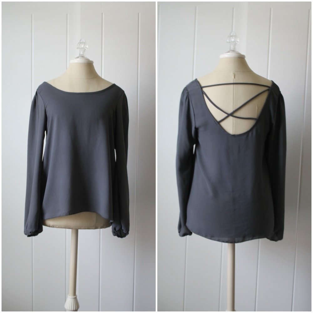 Long Sleeve Criss Cross Chiffon Blouse Gray M